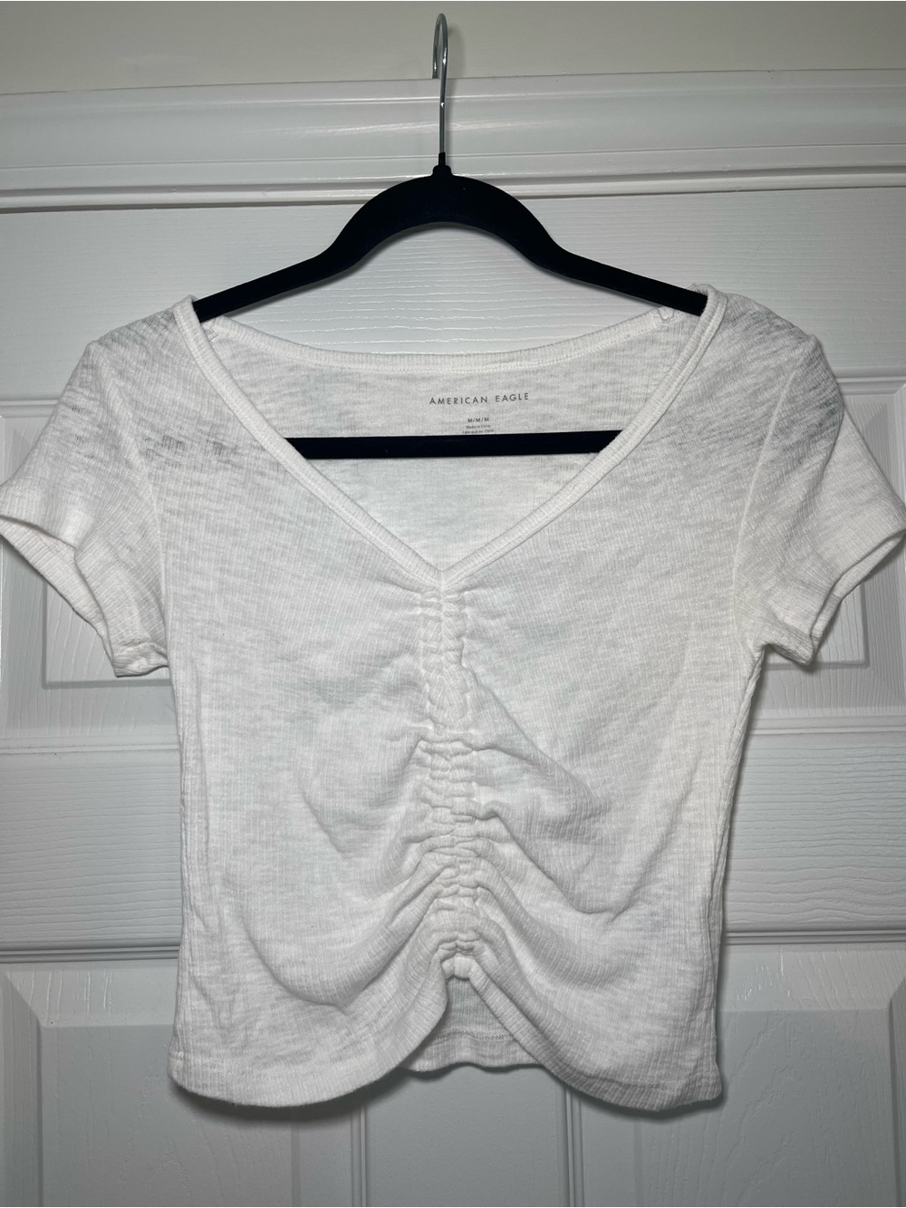 American Eagle Outfitters White Ruched V-Neck Crop Top